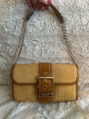 Michael Kors Woven Straw Shoulder Bag with buckle snap closure